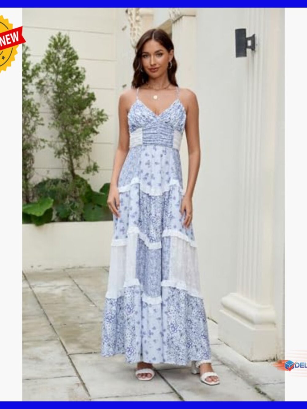 Floral Patchwork Maxi Dress V Neck Sleeveless Cross Back Tiered Sundress - Picture 2 of 7